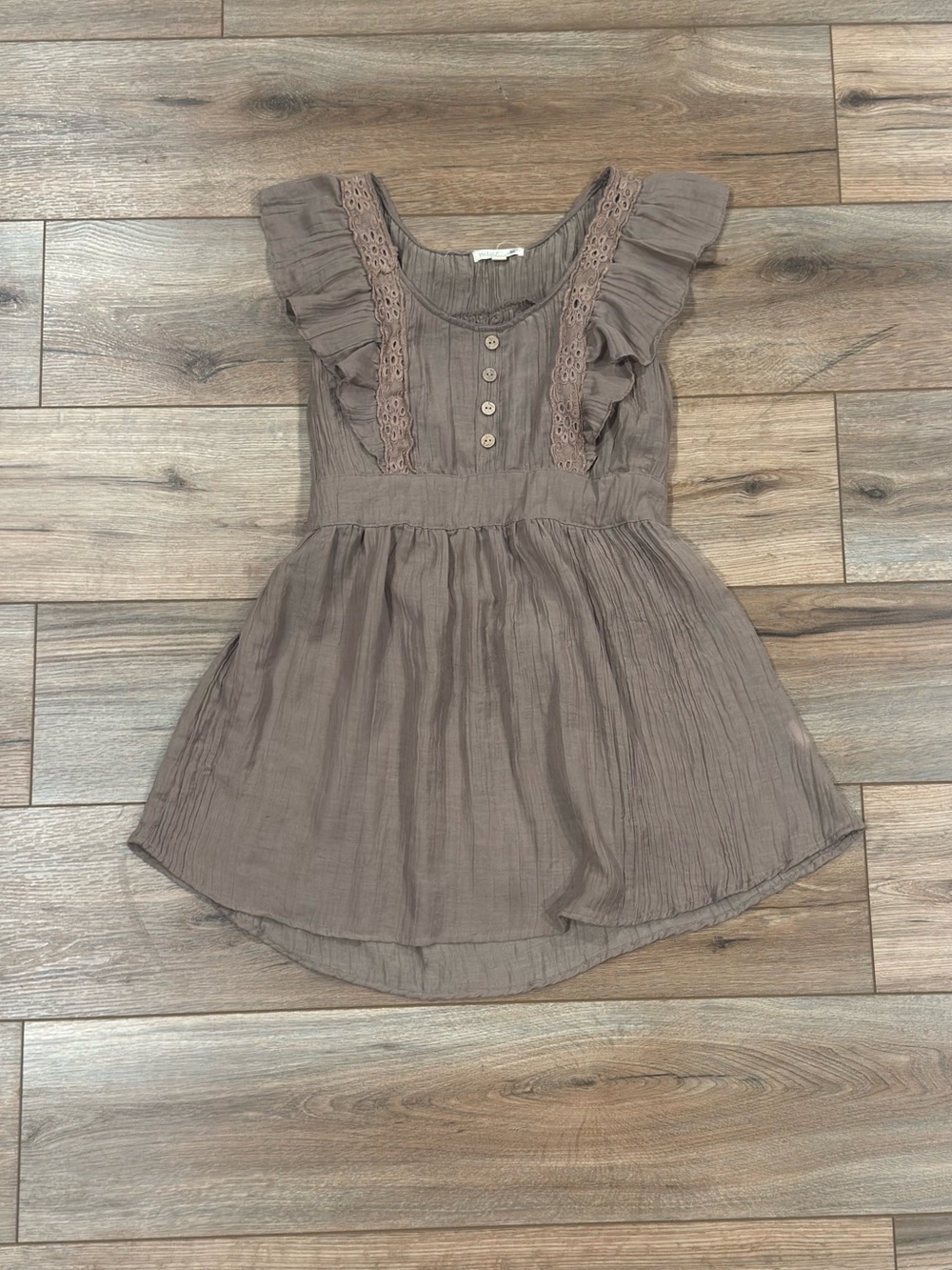 MINE Boho Cottagecore Light Brown Ruffled Babydoll Tie Waist Blouse | Size Large